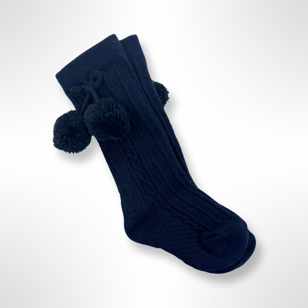 Navy Knee High Pom Pom Socks