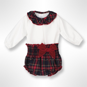 The Tartan Collection - Calamaro Baby Girls Blouse & Tartan Bloomer Set - Navy Red