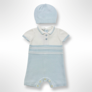 Emile et Rose Baby Boys Blue Knitted Shortie Romper & Hat Set