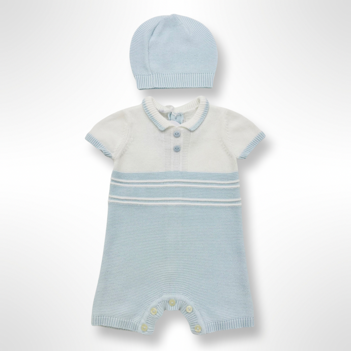 Emile et Rose Baby Boys Blue Knitted Shortie Romper & Hat Set