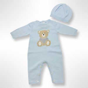 Emile et Rose Knitted Baby Blue Romper with Bear Motif and Hat