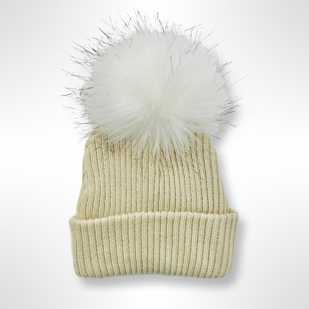 Ribbed Fur Single Pom Hat - Beige