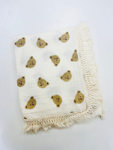 Ziggy Muslin Tassel Blanket - Bear Face