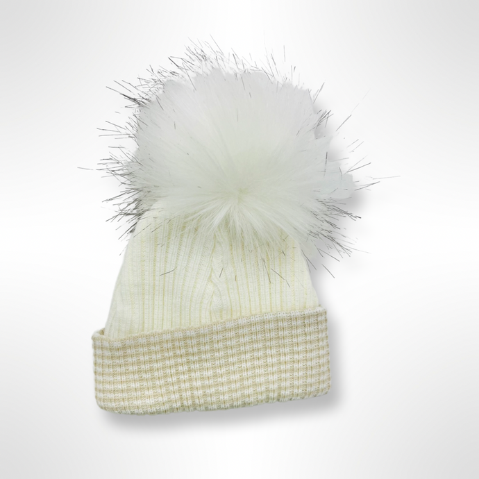 Ribbed Fur Single Pom Hat - White/Beige