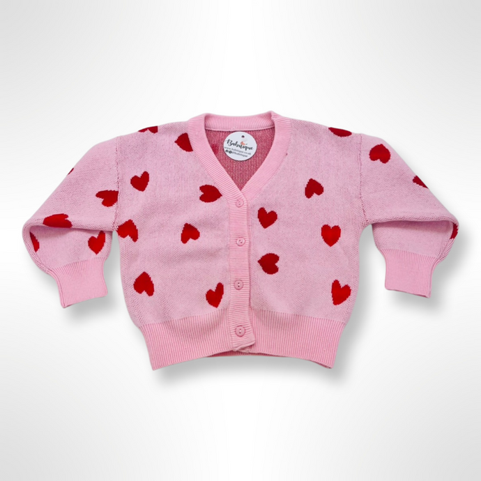 Knitted Pink Cardigan with Red Hearts