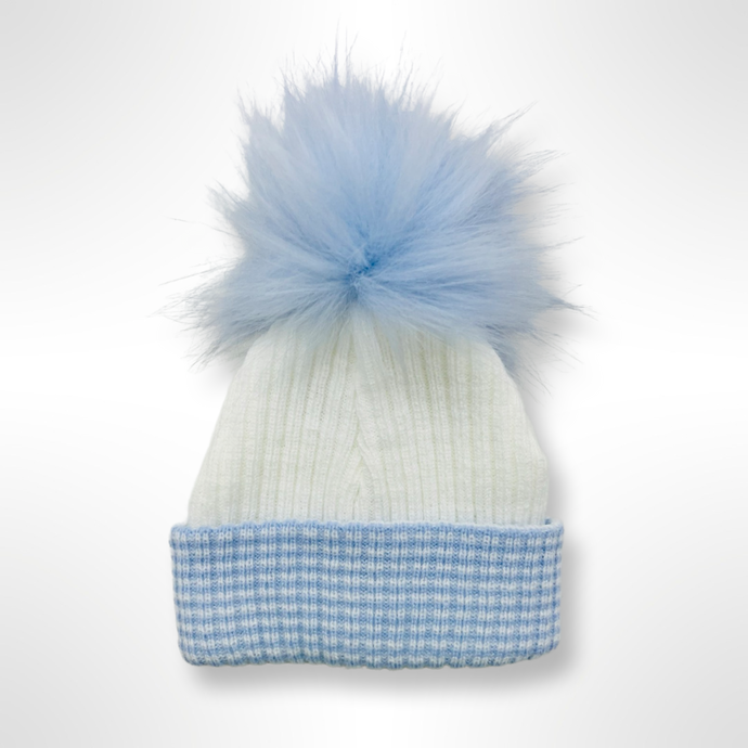 Ribbed Fur Single Pom Hat - White/Blue