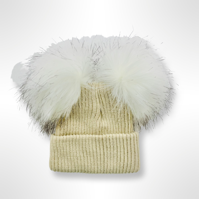 Ribbed Fur Double Pom Hat - Beige