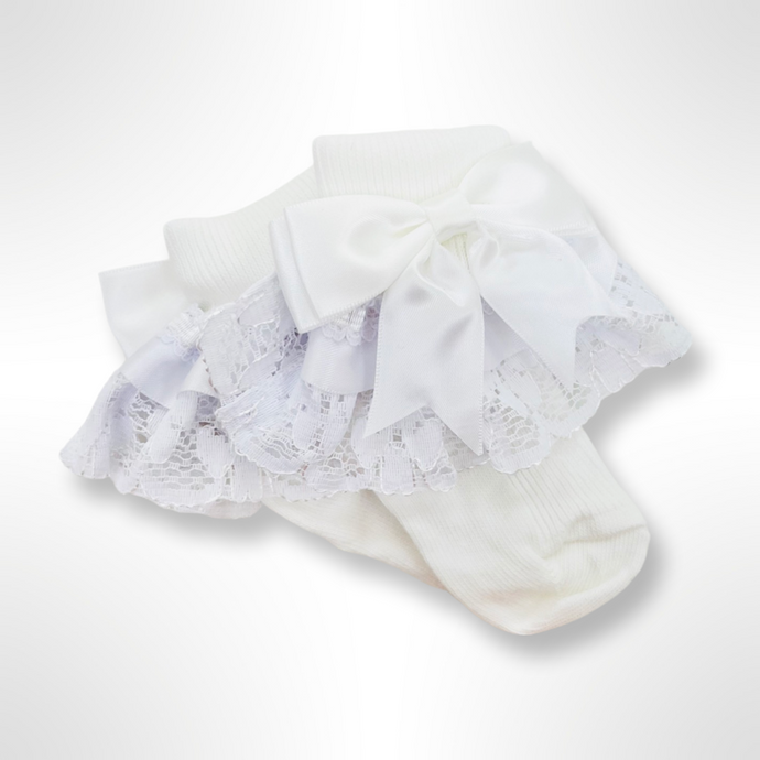 White Large Bow Frill Ankle Socks