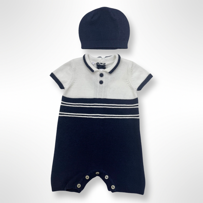 Emile et Rose Baby Boys Navy Knitted Shortie Romper & Hat Set