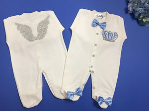 Crown Jewels Romper with Angel Wings - Baby Blue