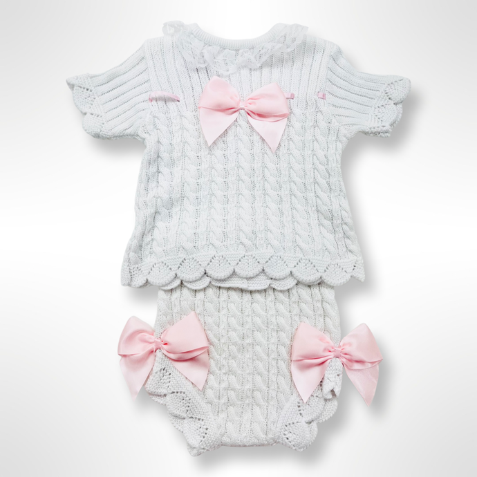 Ivy Knitted Short Sleeve Bloomer Set - White/Pink