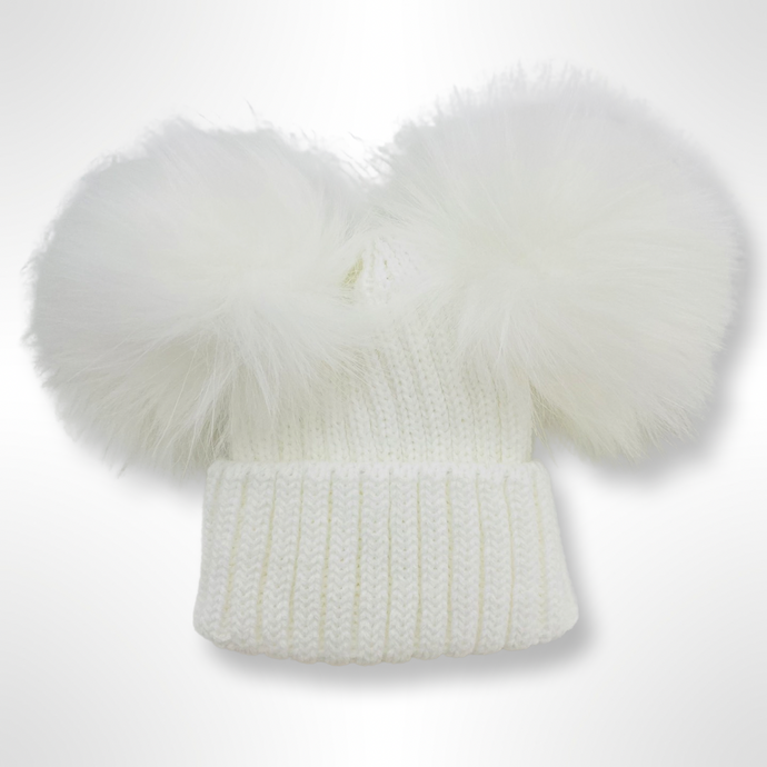 Ribbed Fur Double Pom Hat - White