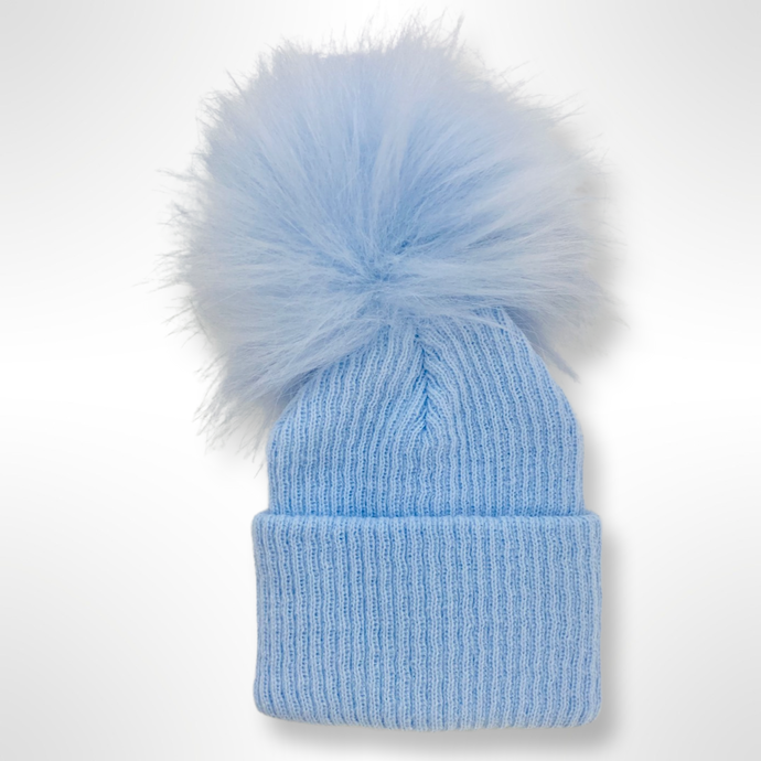 Ribbed Fur Single Pom Hat - Blue