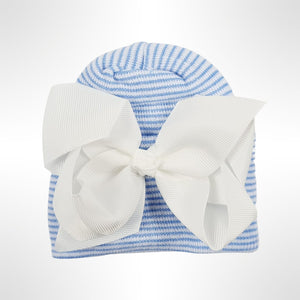 Large Bow Newborn Hospital Hat - Blue Stripe