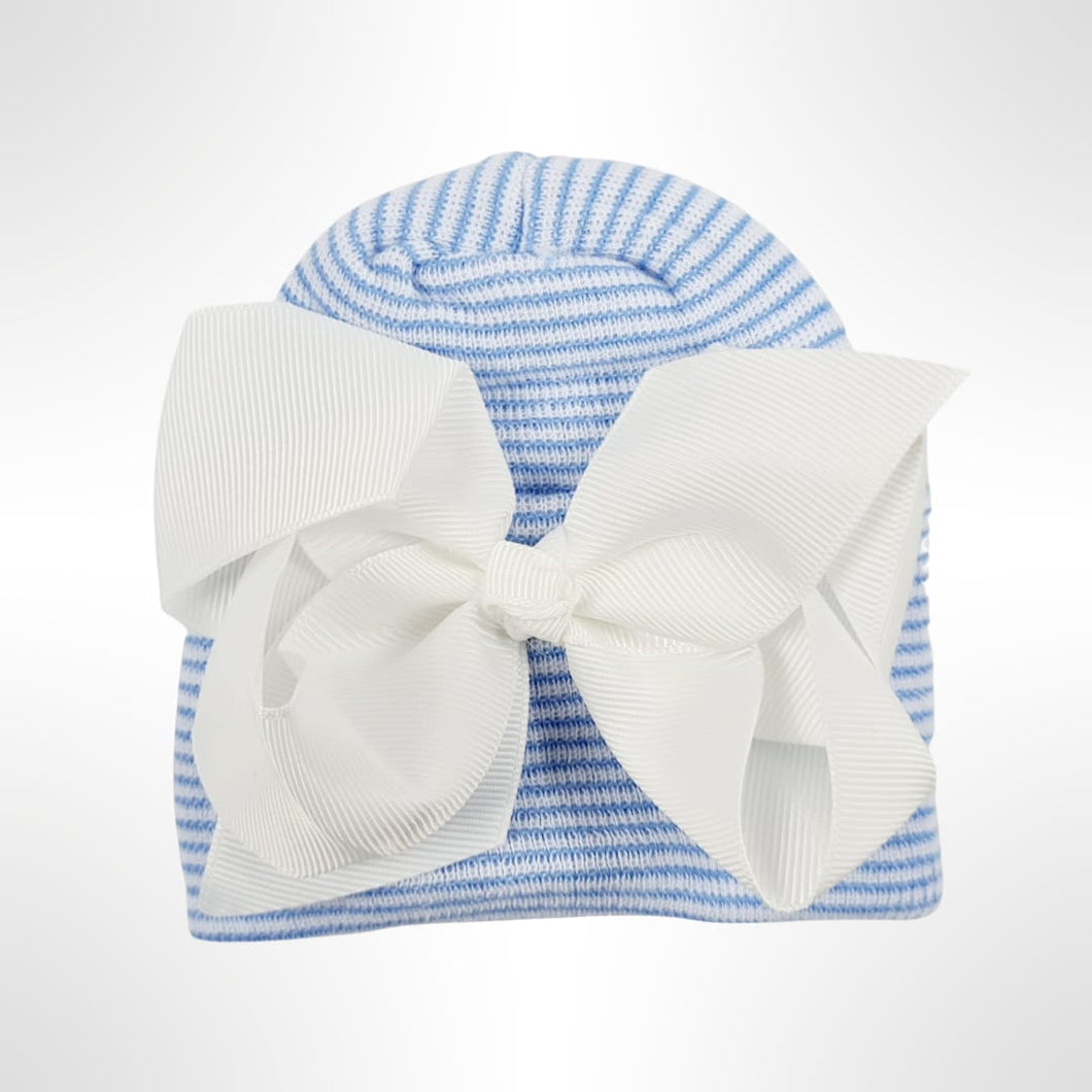Large Bow Newborn Hospital Hat - Blue Stripe