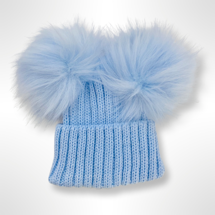 Ribbed Fur Double Pom Hat - Blue