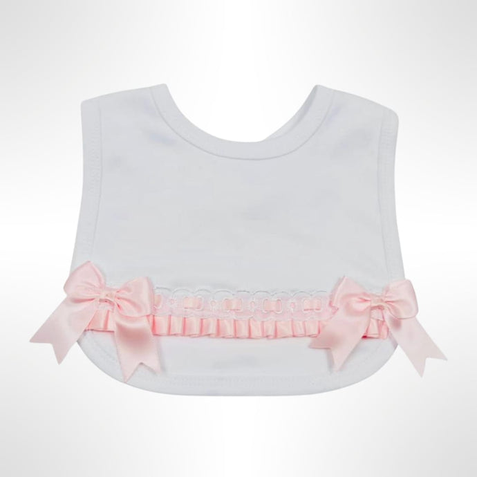 White Ribbon Trim Bib - Pink Trim