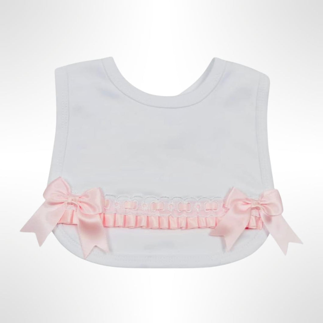 White Ribbon Trim Bib - Pink Trim