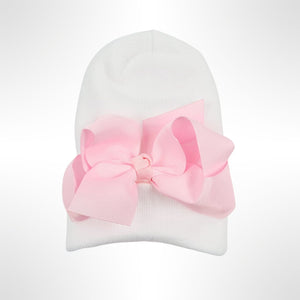 Large Bow Newborn Hospital Hat - White/Pink