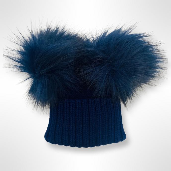 Ribbed Fur Double Pom Hat - Navy