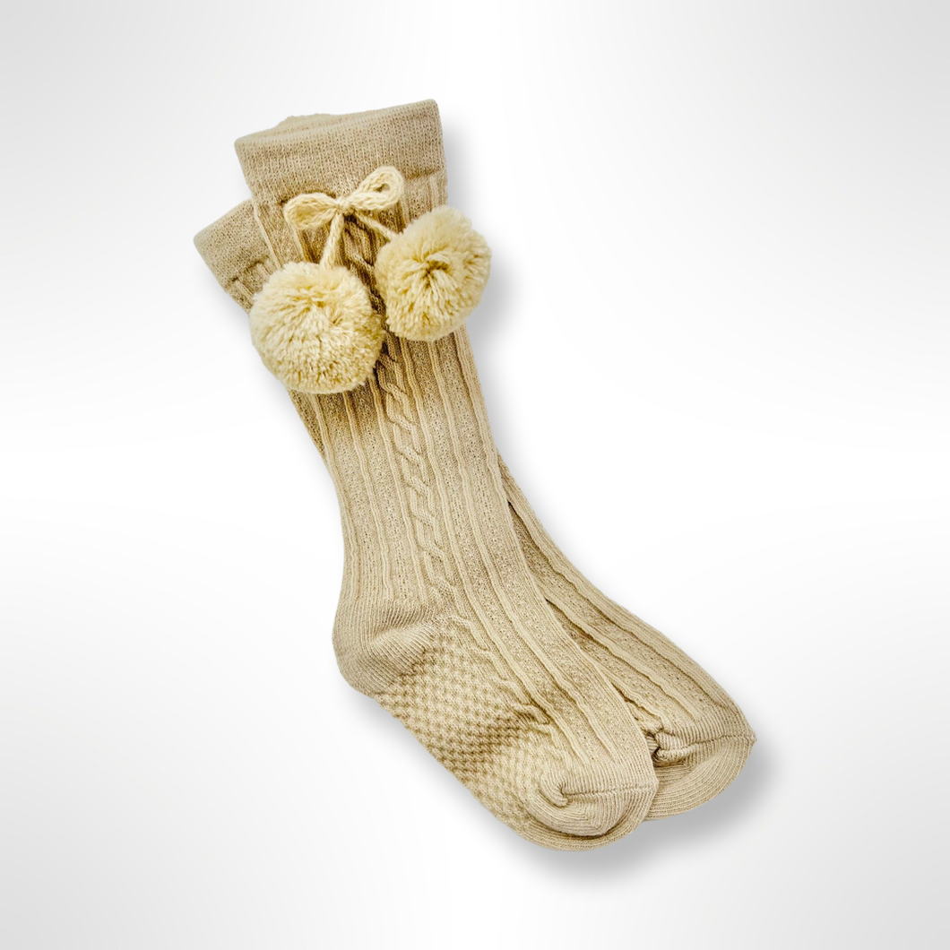 Beige Knee High Pom Pom Socks