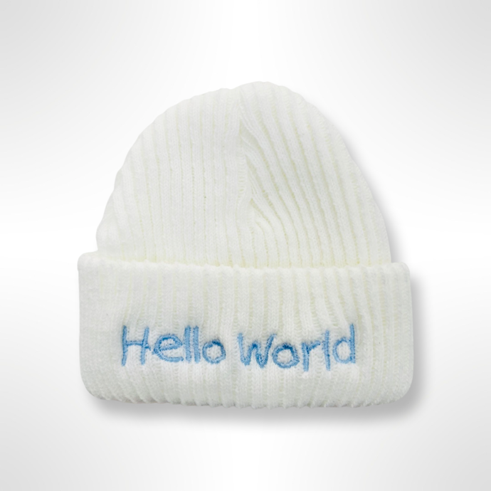 Knitted Hello World Hat - White/Blue