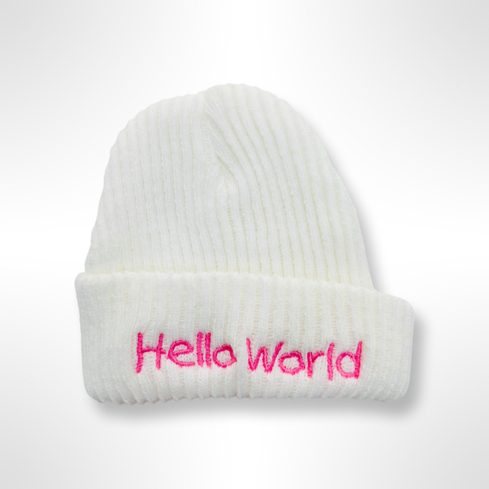 Knitted Hello World Hat - White/Pink