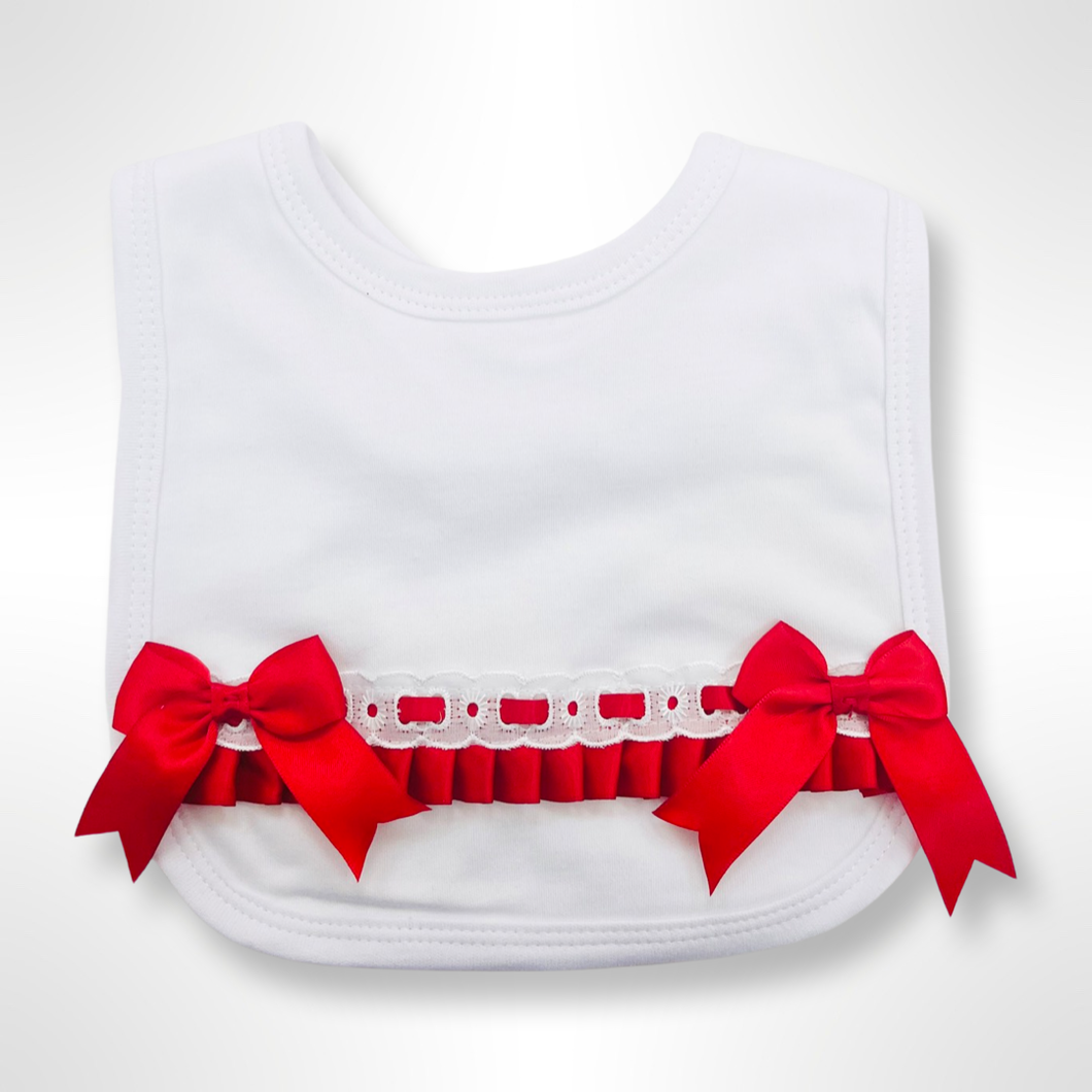 White Ribbon Trim Bib - Red Trim