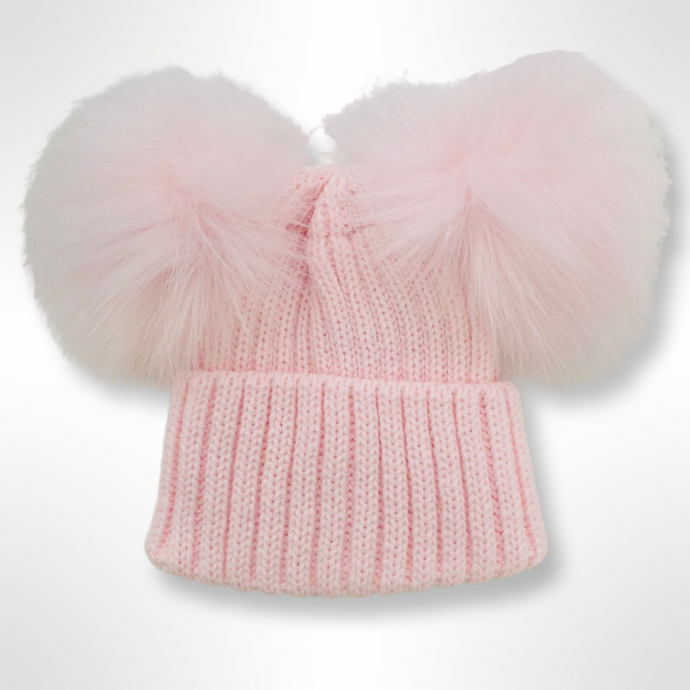 Ribbed Fur Double Pom Hat - Pink