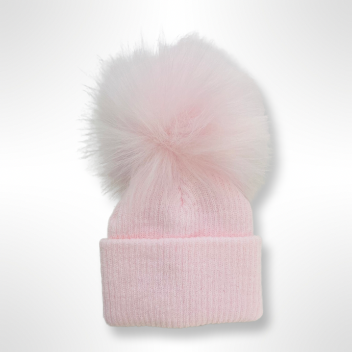 Ribbed Fur Single Pom Hat - Pink