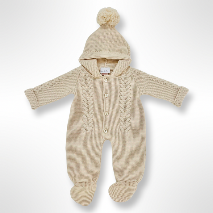 Hooded Knitted Pramsuit - Beige