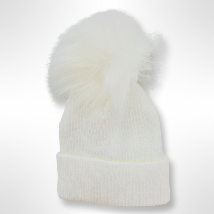 Ribbed Fur Single Pom Hat - White